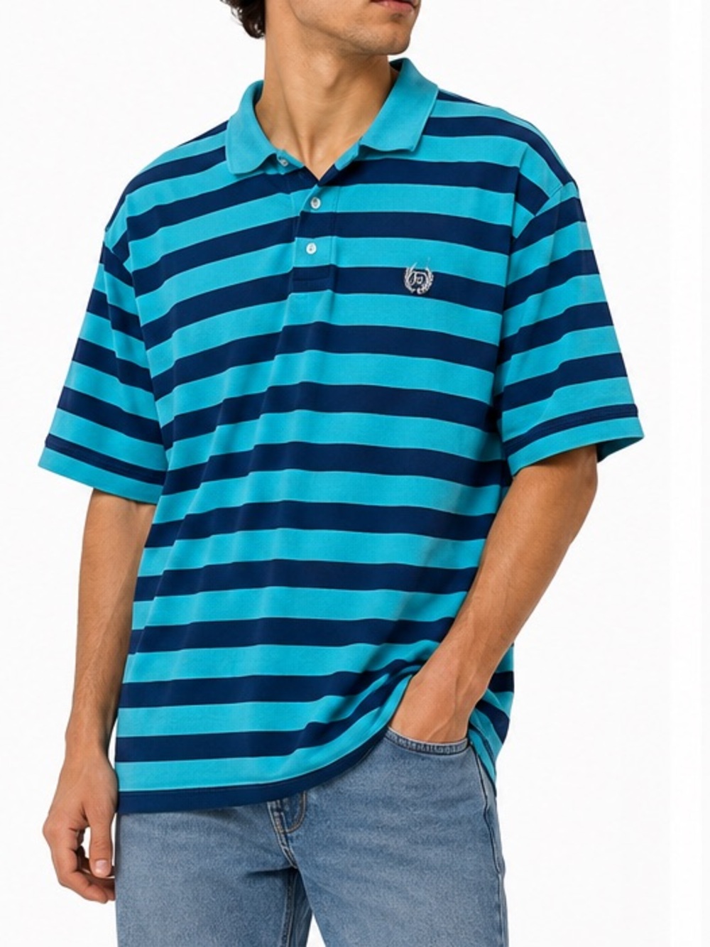 Chaps Ralph Lauren Striped Polo Shirt Teal Navy Crest Logo Mens XL